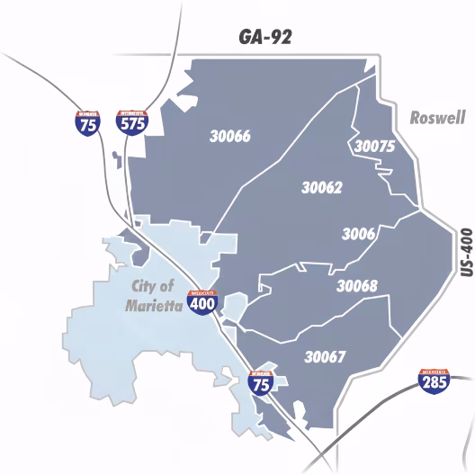 Service-area map for Mollica Automotive across the greater metro Atlanta area, based in Woodstock, GA.